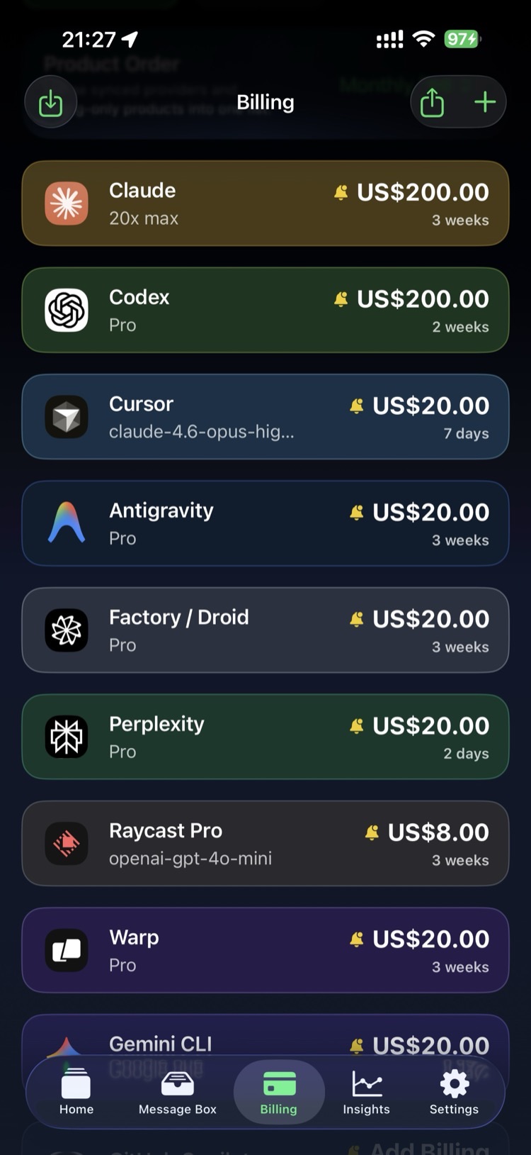 LimitWatch Billing — 10 AI platforms with costs