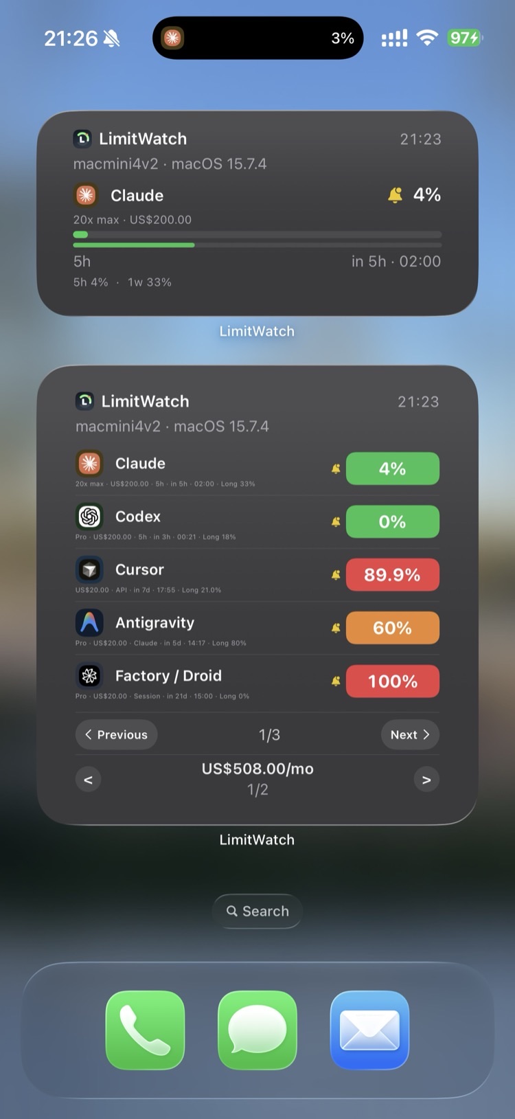 LimitWatch Widgets — Dynamic Island and home screen widgets